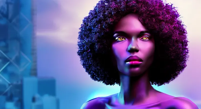 Image similar to portrait of beautiful cyberpunk black woman with afro hair, rio de janeiro pao de acucar corcovado ipanema on the background, blue and purple digital art trending on artstation, beeple, soft lighting, bokeh