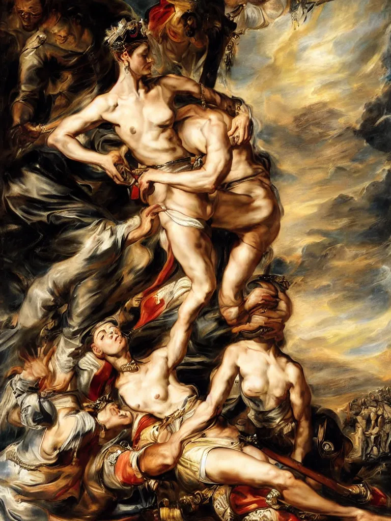 Prompt: the soldier lays his hand on the queen ’ s forehead, by peter paul rubens and eugene delacroix and karol bak, hyperrealism, digital illustration, fauvist, intimate, relaxed posture, high definition, delicate, dimly lit, private moment