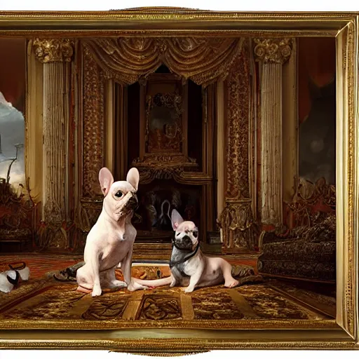 Prompt: 8k highly detailed oil matte painting by Charles Landelle of A French Bulldog King, decadent throne room, the other animals prostrate themselves before the throne