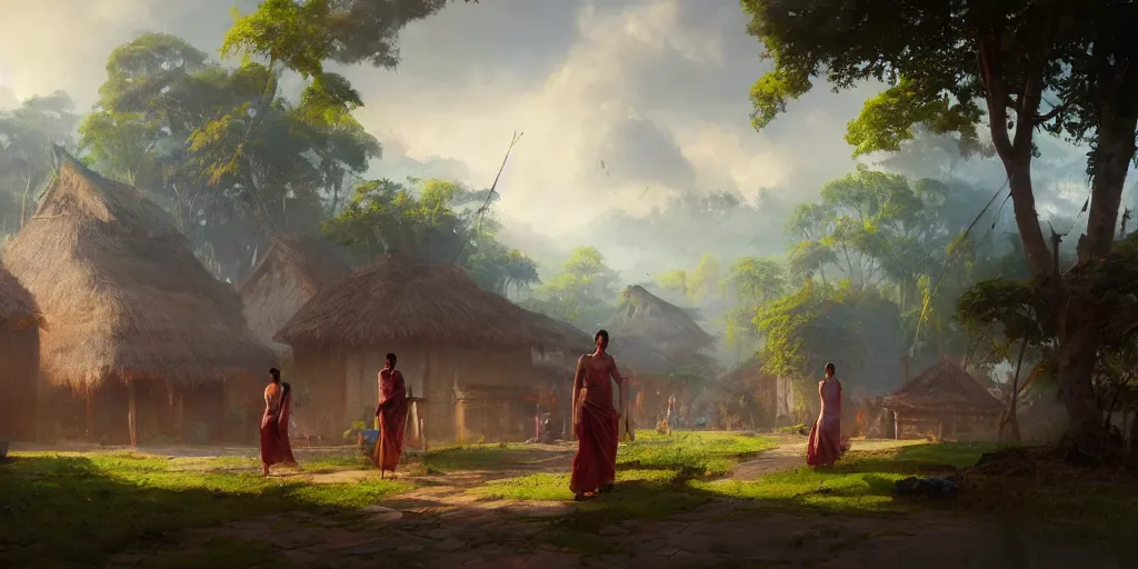 Image similar to kerala village, sharp focus, wide shot, trending on ArtStation, masterpiece, by Greg Rutkowski, by Ross Tran, by Fenghua Zhong, octane, soft render, oil on canvas, colorful, cinematic, environmental concept art