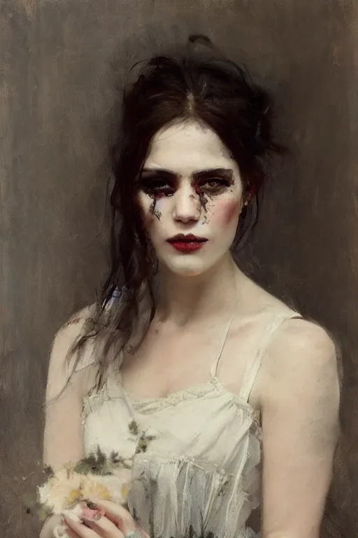 Prompt: Richard Schmid and Jeremy Lipking full length portrait painting of a young beautiful victorian steampunk vampire Priestess woman