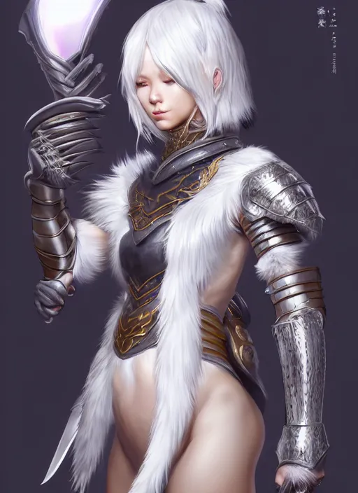 Image similar to warrior, fur - lined light armor!!! beautiful and elegant white hair female!! gorgeous ayes!! character concept art, sharp focus, octane render! unreal engine 5! highly rendered!! trending on artstation!! detailed linework!! illustration by artgerm, wlop, and chie yoshii