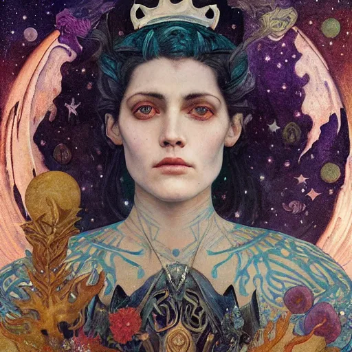 Image similar to queen of the moon with stars in her hair, by tino rodriguez and annie swynnerton and nicholas roerich and jean delville and donato giancola and tom bagshaw and lucien freud, dramatic lighting, floral tattoos, rich colors, smooth sharp focus, extremely detailed, adolf wolfli