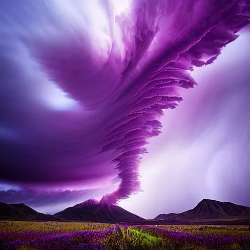 Image similar to purple clouds in the shape of a tornado by marc adamus, digital art, beautiful dramatic lighting