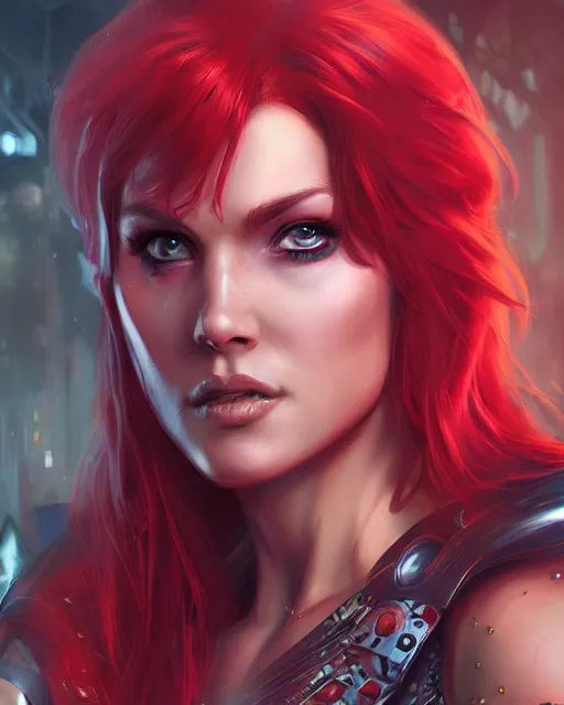 Prompt: a stunning portrait of red sonja as a cyberpunk princess, digital art by artgerm and ross tran and angel ganev, medium shot portrait, highly detailed, trending on artstationhq