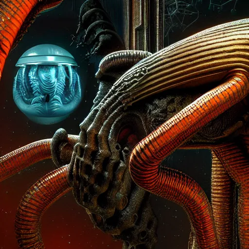 Image similar to Prometheus hibernation capsule biological sci-fi environment set close-up, hibernation capsule close-up, in a nightmarish universe of odd forms and somber tapestry, HR Giger and Vincent Di Fate, vivid color scheme, featured in artstation, octane render, cinematic, elegant, intricate, 8k