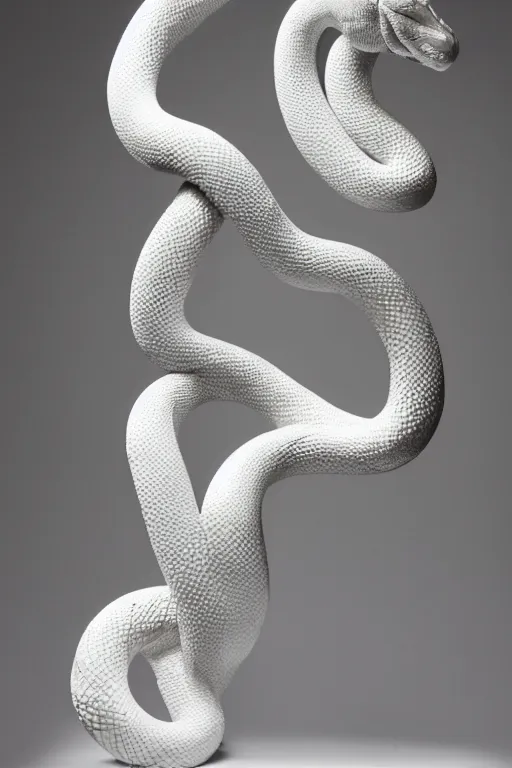 Prompt: porcelain snake sculpture by daniel arsham, smooth, all white features on a white background, delicate feature's