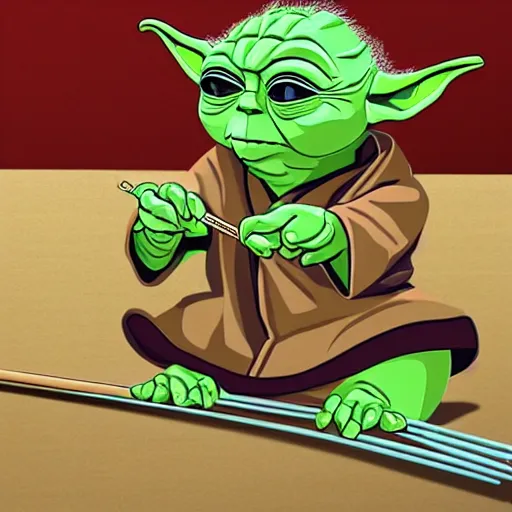 Image similar to yoda eating sushi with wood chopsticks, detailed, illustration, 2d, 4k