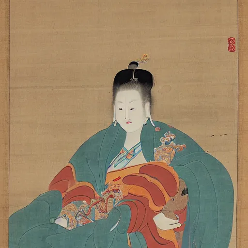 Prompt: the Chinese ancient painting of the imperial concubine ,by emperor Huizong of Song