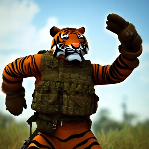 Image similar to Anthro tiger with soldier outfit, realistic, 4k, octane render