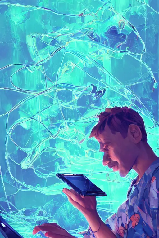 Prompt: epic 3 d abstract 🇵🇷 laptop hacker, spinning hands and feet, 2 0 mm, with teal and navy butter melting smoothly into asymmetrical succulents and phones, liquid cooled, thick looping wires, beautiful, intricate, houdini sidefx, trending on artstation, by jeremy mann, ilya kuvshinov, jamie hewlett and ayami kojima