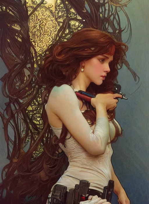 Image similar to beautiful young woman with a pistol, intricate, elegant, highly detailed, centered, digital painting, artstation, concept art, smooth, sharp focus, illustration, art by artgerm and donato giancola and alphonse mucha