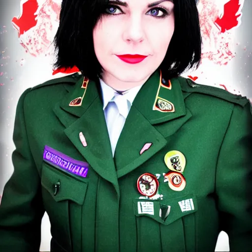 Image similar to brunette woman, short hair, flipped out hair, bright green eyes, black fascist uniform, smirk, cartoon style