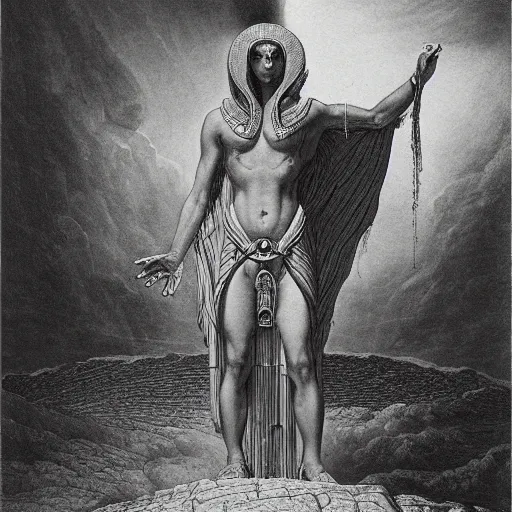 Prompt: apophis the great devoured of amon - ra by gustave dore