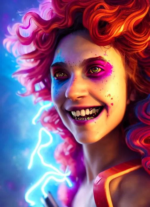 Image similar to an epic fantasy comic book style portrait painting of a girl wearing colorful makeup with a mischievous smile and curly brown hair stepping out of a doorway with light shining behind her, unreal 5, daz, hyperrealistic, octane render, cosplay, rpg portrait, dynamic lighting