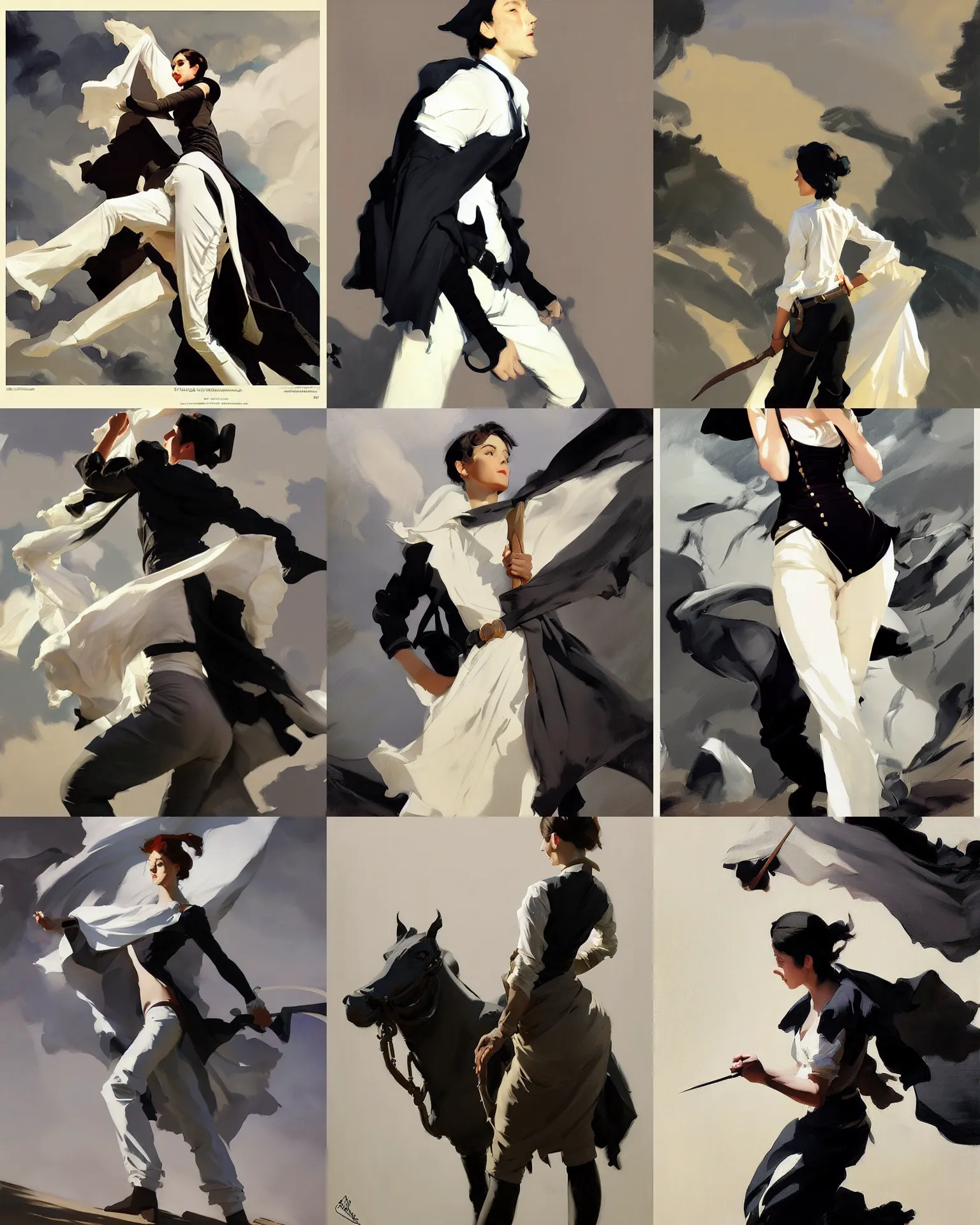 Prompt: black white cloth fabric jodhpurs greg manchess painting by sargent and leyendecker, studio ghibli, fantasy, medium shot, asymmetrical, intricate, elegant, matte painting, illustration, hearthstone, by greg rutkowski, by greg tocchini, by james gilleard, by joe fenton