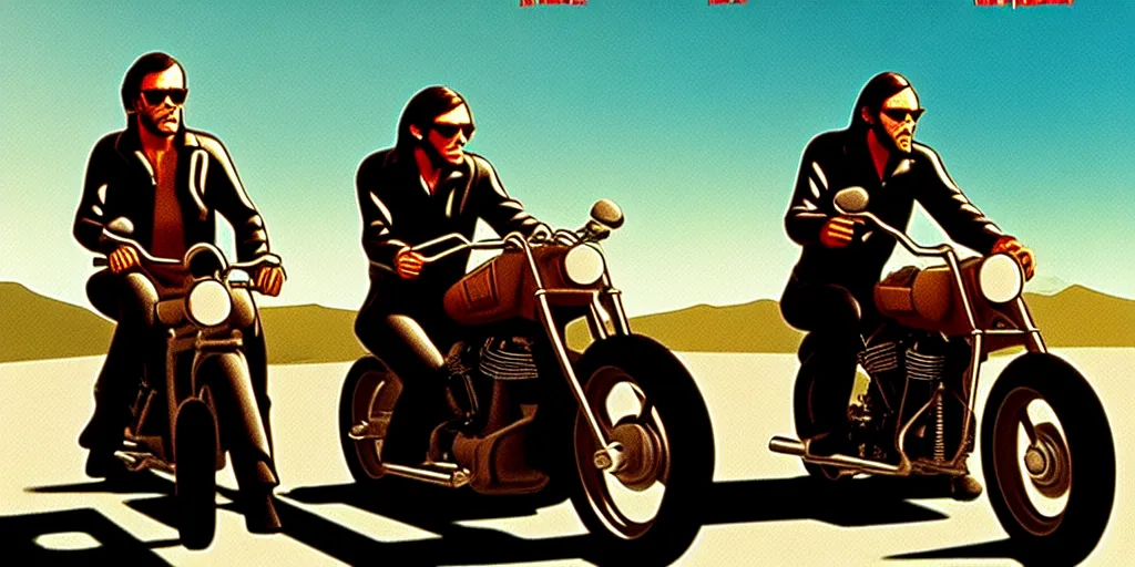 Image similar to easy rider motorcycle movie poster with henry fonda and dennis hopper : : on the road : : unreal engine, detailed