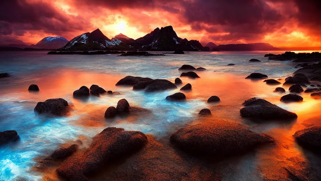 Prompt: amazing landscape photo of an archipelago in sunset by marc adamus, beautiful dramatic lighting