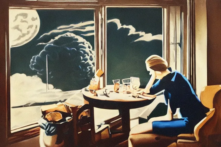 Image similar to a beautiful sad girl is sitting at the table and huge nuclear explosion is in the window, painting in style of Malcolm Smith