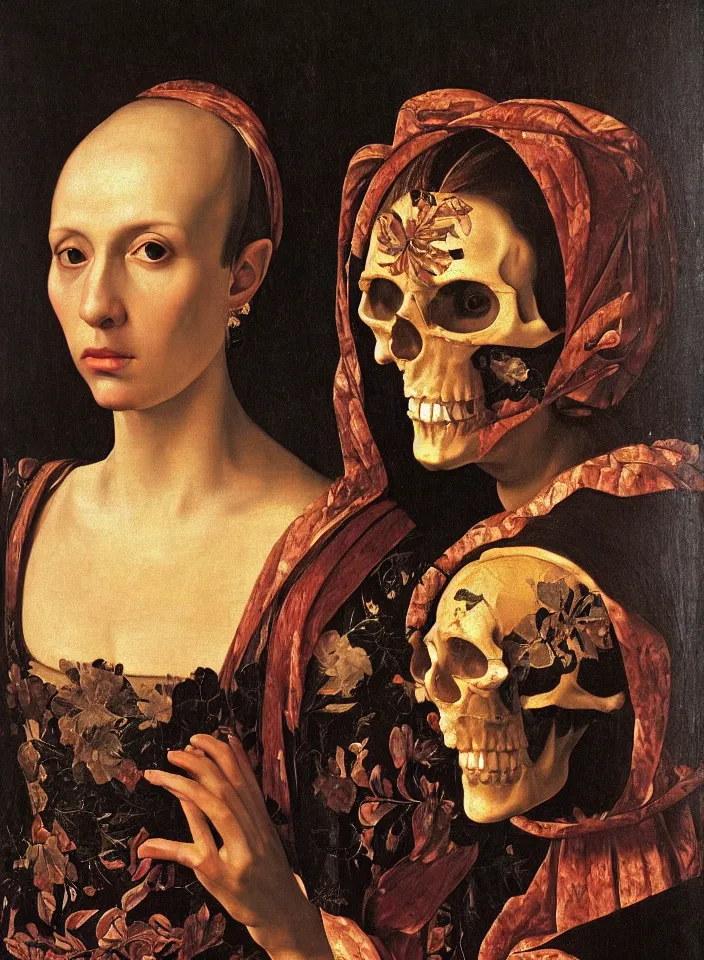 Prompt: portrait of a woman with a golden skull instead of a head in a dress of rose petals, oil painting in a renaissance style , very detailed, painted by Caravaggio.