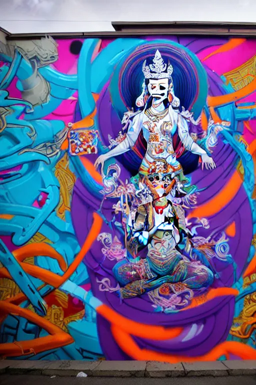 Prompt: epic graffiti mural of a 1000 arm Quan Yin , colorful and dynamic in the style of Hownosm and James Jean, ultimate collab, epic, unreal engine 5, coming to life popping out of the wall 3d,
