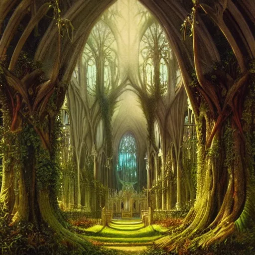 Image similar to a beautiful and highly detailed matte painting of an elven cathedral in a mystical celtic forest, alien trees and plants and flowers, twisted spires, wide angle, by caspar friedrich, albert bierstadt, james gurney, brian froud,