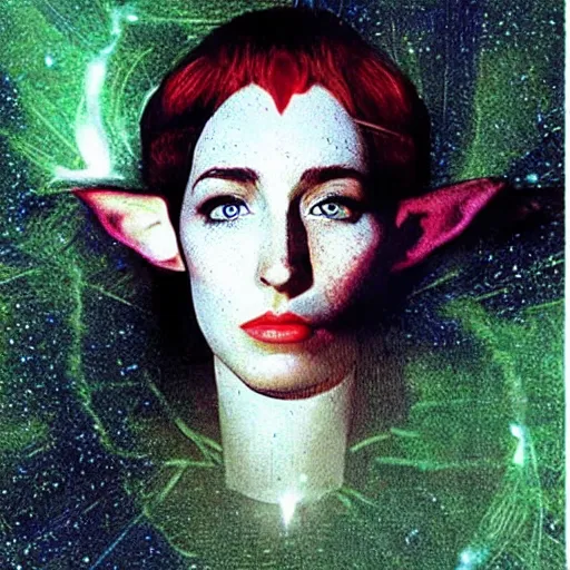 Prompt: a still from “ 2 0 0 1 : a space odyssey ” of head and shoulders portrait of a female elf wizard, comic book cover photo by dave mckean