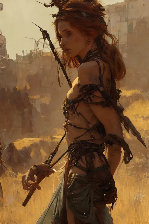 Image similar to a full body portrait of a beautiful post apocalyptic offworld butchers district bedouin blind pulp fiction scarlet wild rogue barbarian leper begging by the roadside, intricate, elegant, highly detailed, digital painting, artstation, concept art, smooth, sharp focus, illustration, art by krenz cushart and artem demura and alphonse mucha