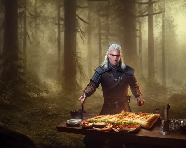 Image similar to 5 5 mm portrait photo of geralt of rivia serving shawarma, in a magical forest. dark atmosphere. art by greg rutkowski. highly detailed 8 k. intricate. lifelike. soft light. nikon d 8 5 0.