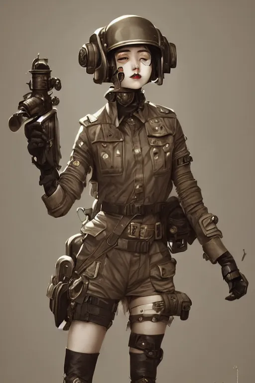 Image similar to dieselpunk soldier girl, helmet, shoulders, chest, portrait, armored, highly detailed, sharp focus, art, illustrations by wlop and ayanamikodon and irakli nadar and loish and rossdraws