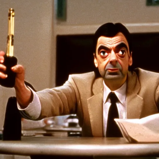 Image similar to Mr. Bean as a character in Pulp Fiction, movie still