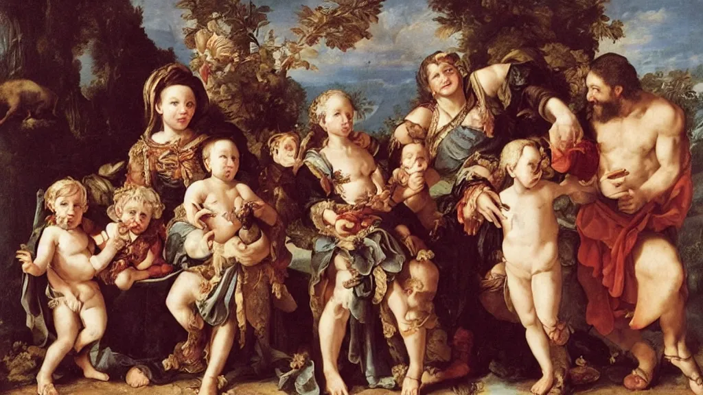 Prompt: a cute neanderthal family dressed in baroque, italian renaissance