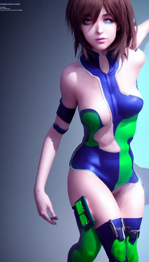 Image similar to render beautiful 3 d anime woman with short brown hair, heterochromia, blue eye and green eye, sci fi glowing bodysuit, heavy makeup, short smile, cinematic lightning, highly detailed, trending on artstation, unreal engine 4 k, cinematic wallpaper