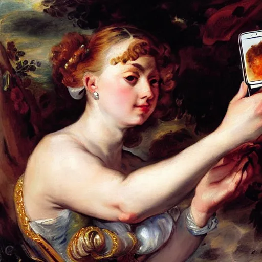 Image similar to heavenly summer sharp land sphere scallop well dressed lady taking a selfie with her iphone auslese, by peter paul rubens and eugene delacroix and karol bak, hyperrealism, digital illustration, fauvist, iphone