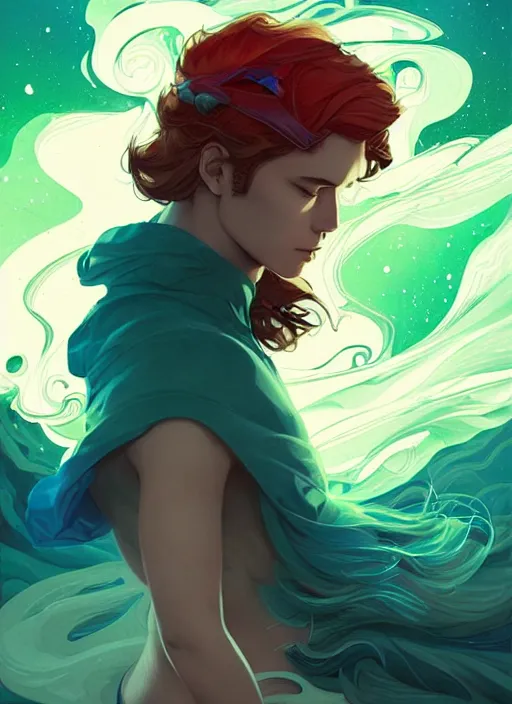 Image similar to style artgerm, joshua middleton, illustration, henry cavill as a homeless street urchin wearing green pelt clothing, blue hair, swirling water cosmos, fantasy, dnd, cinematic lighting