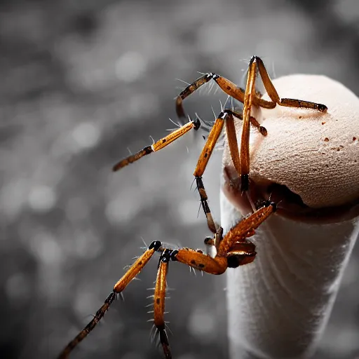 Prompt: detailed photograph of a levitating ice cream cone covered in brown recluse spiders