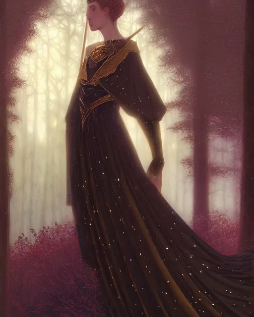 Image similar to nocturne, glowing, stars, a portrait of a beautiful medieval princess with a sword, tall and thin, highly detailed, mysterious, ethereal, dressed in velvet and gold jewelry, haute couture, dark forest, illustration, dramatic lighting, by edmund blair leighton, brom, charlie bowater, faces by otto schmidt