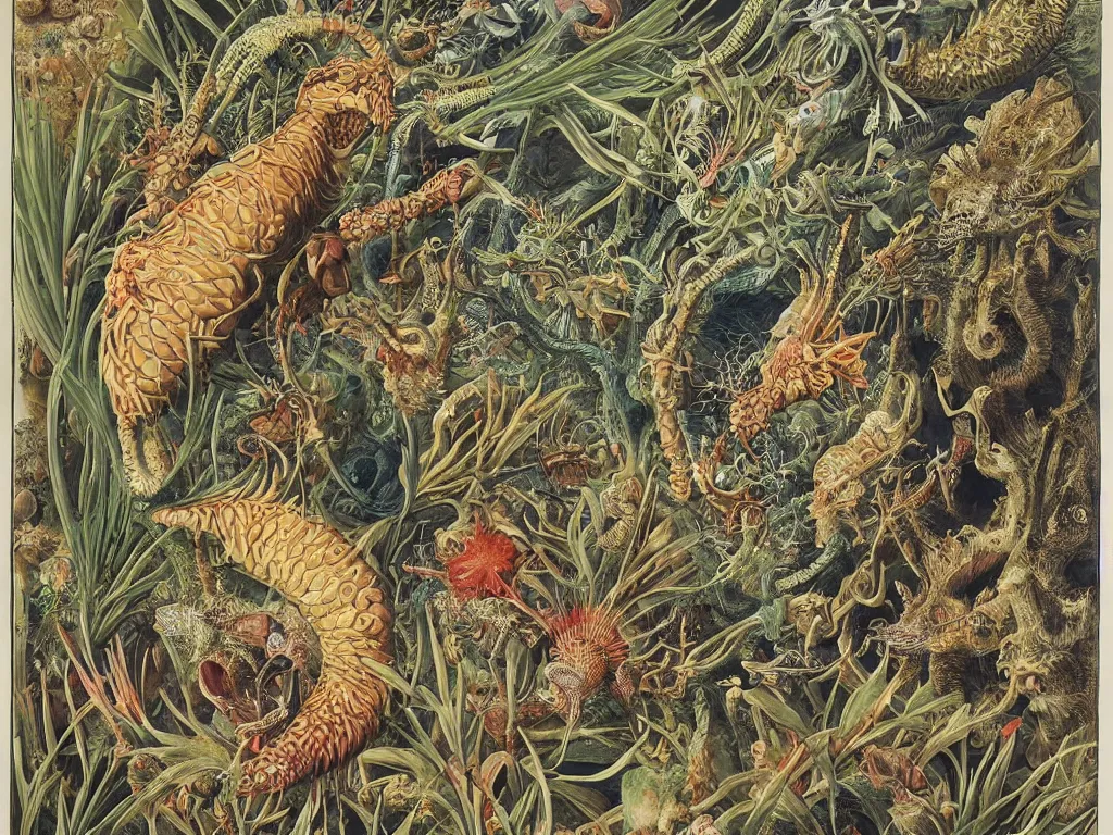 Prompt: The creature with a hundred eyes. Painting by Walton Ford, Ernst Haeckel, Maria Sibylla Merian