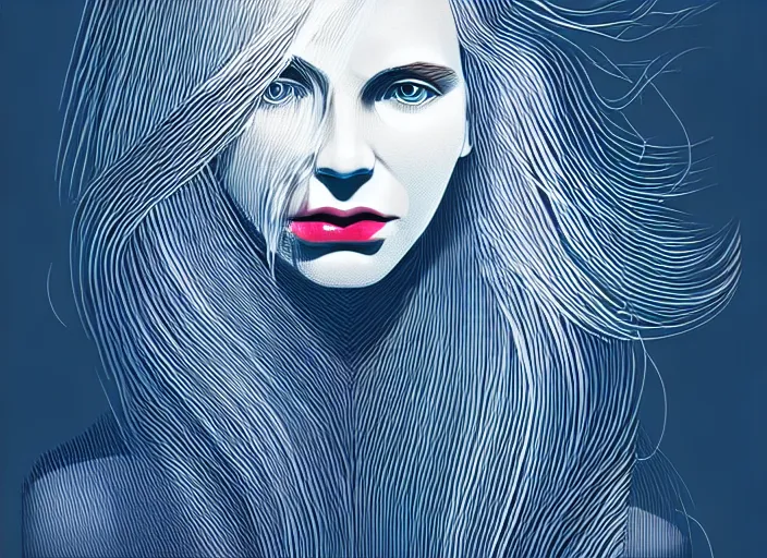 Image similar to editorial illustration by Mads Berg andKarolis Strautniekas ,portrait of a young girl flowing white hair, colorful,modern art deco,, stippled light, fine texture, editorial illustration, dramatic lighting, dynamic composition, detailed, matte print, dynamic perspective, cinematic, film noir