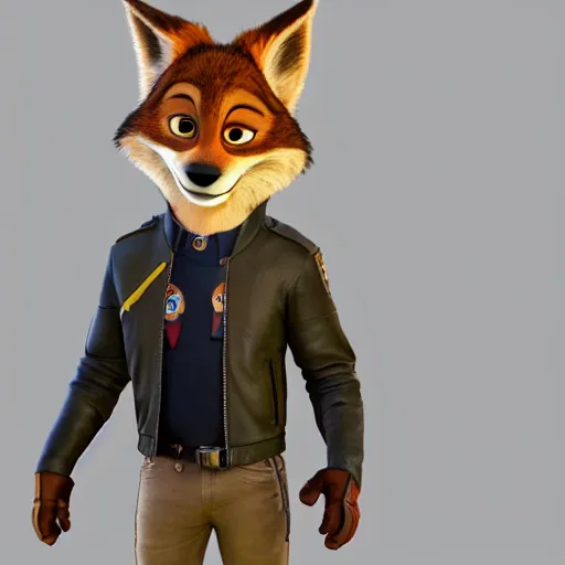 Image similar to portrait, 3d render , anthropomorphic coyote male , wearing along brown leather jacket , in the style of Zootopia