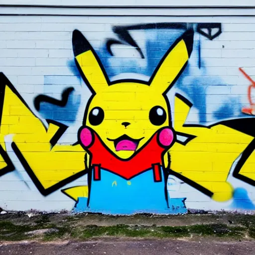 Image similar to graffiti pikachu on the wall, wide angle lens