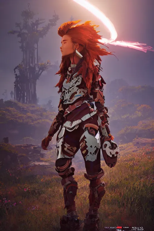 Image similar to combination suit armor aloy horizon forbidden west horizon zero dawn robot ninja mask helmet backpack tribal, aesthetic octane render, 8 k hd resolution, by ilya kuvshinov and cushart krentz and gilleard james radiating a glowing aura cgi rtx 2 0 2 2