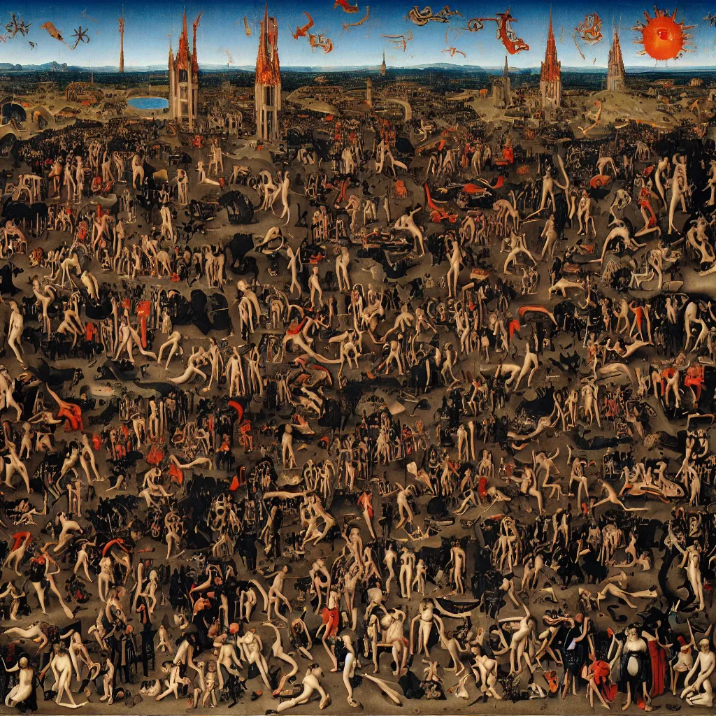 Prompt: hell, hans memling, cyberpunk style