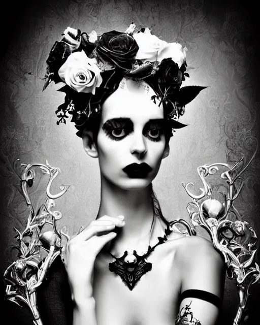 Image similar to dreamy surreal poetic black and white photo of a beautiful young silver bio-mechanical-female-vegetal-cyborg with a very long neck and a super big gothic lace collar and a very high big floral crown with many black dry roses by Vivienne Westwood:: smoke, high fashion, haute couture, rococo, avant-garde, silver filigree details, anatomical, facial muscles, cable wires, microchip, elegant, dreamy, hyper realistic, 150 mm lens, soft rim light, octane render, unreal engine, picture was taken in 1910 by Man Ray, volumetric lighting, dramatic light,8k,