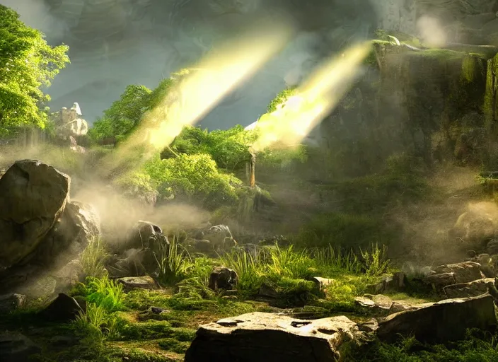 Prompt: a scene from hades, highly detailed, radiant lighting, green ambience, steam rising from rocky ground