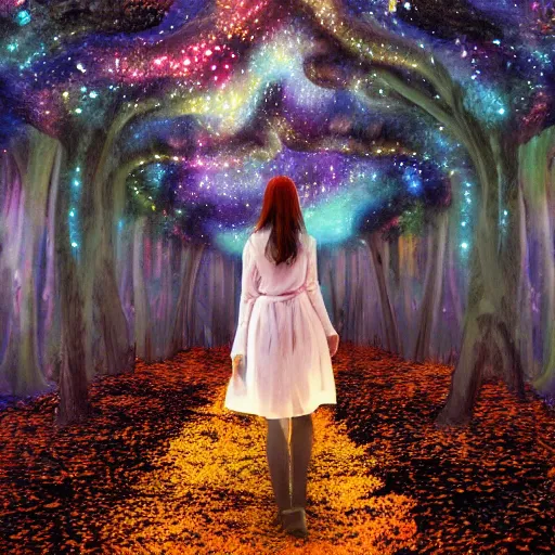 Prompt: a photo of beautiful girl walking through the astral plane mushroom forest using the gem of souls and life 4 k