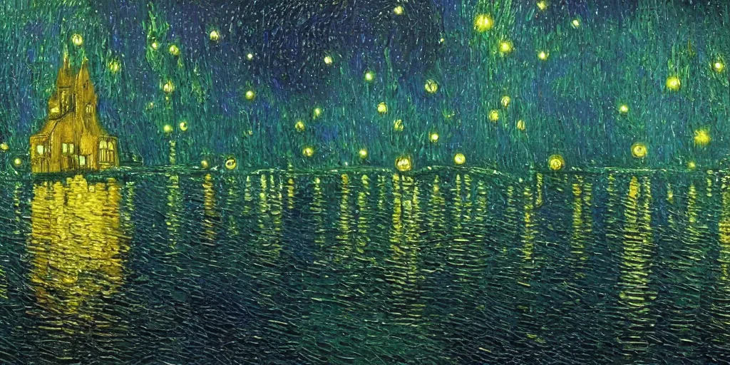 Prompt: a glowing magical sparkling swamp in the style of van gogh, firefly, dark, night, peaceful, digital painting.