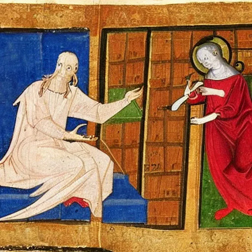 Prompt: medieval painting of the devil tempting a woman checking her iphone