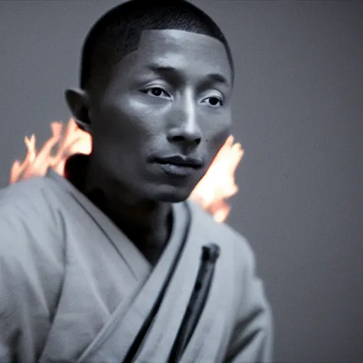 Image similar to cinematic film still Pharrell Williams starring as a Samurai holding fire, Japanese CGI, VFX, 2003, 40mm lens, shallow depth of field,film photography