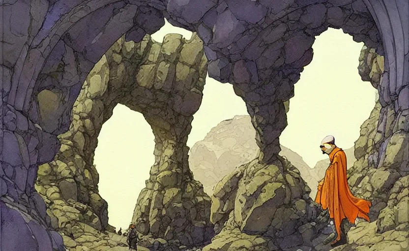 Image similar to a hyperrealist watercolour concept art of a dimensional time portal in the shape of a large rock arch. a medieval monk in grey robes is in the foreground. by rebecca guay, michael kaluta, charles vess and jean moebius giraud. high detail, hq, wide shot